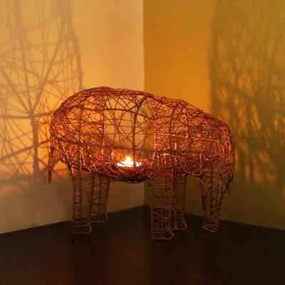 The Elephant Mesh' Handwoven Showpiece & Table Tea-Light Holder In Iron (9 Inch | Copper Finish)