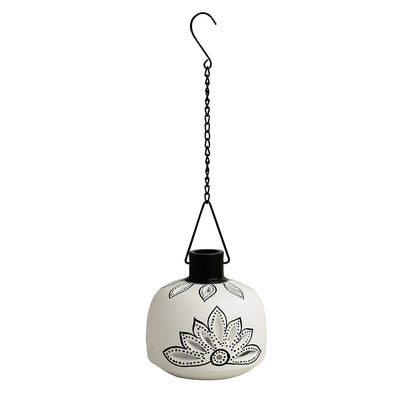 The Warli Tales' Hand-Painted Hanging Tea-Light Holder In Terracotta (15 Inch | White)