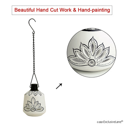 The Warli Tales' Hand-Painted Hanging Tea-Light Holder In Terracotta (16 Inch | White)