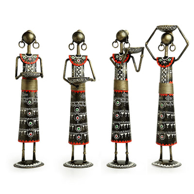 Rajasthani Tribal Majdoor Ladies' Hand-painted Tea Light Holder Cum Showpiece (Set of 4 | Iron | 14 Inch)