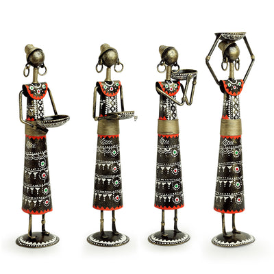 Rajasthani Tribal Majdoor Ladies' Hand-painted Tea Light Holder Cum Showpiece (Set of 4 | Iron | 14 Inch)
