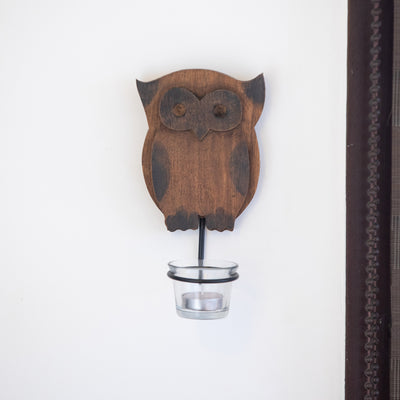 'The Vigilant Owl' Hand Carved Wall Tea Light Holder In Mango Wood (7.5 Inch)
