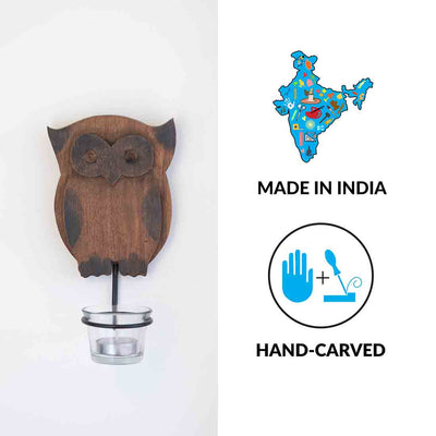 'The Vigilant Owl' Hand Carved Wall Tea Light Holder In Mango Wood (7.5 Inch)