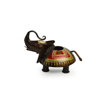 'Elephant Glories' Hand-Painted Table Tea Light Holder In Iron (5 Inch)