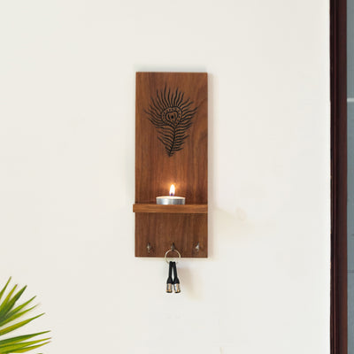 'Peacock Paisley' Hand-Carved Wall Tea-Light Holder In Sheesham Wood