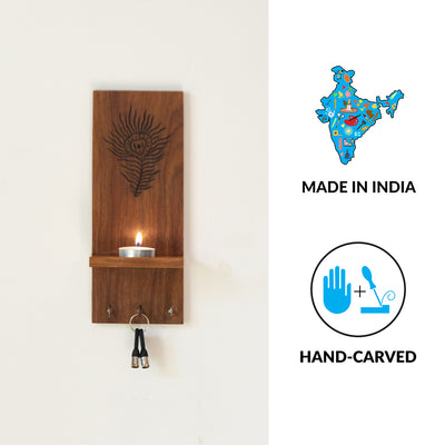 'Peacock Paisley' Hand-Carved Wall Tea-Light Holder In Sheesham Wood