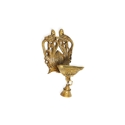 'Carved Peacock' Hand-Etched Decorative Wall Hanging Diya With Bells In Brass (486 Grams)