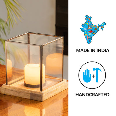 Glass Miracles' Tea-Light Holder Cum Candle Holder In Glass & Mango Wood (8 Inch | Handcrafted)