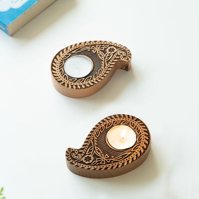 Jugnu Paisley Booti' Wooden Tea Light Holder (Set of 2)