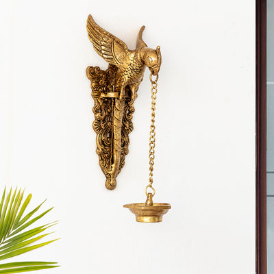 Golden Parrot'  Decorative Wall Hanging Brass Diya (5 Wicks | 1.5 Kg | Hand-Etched)