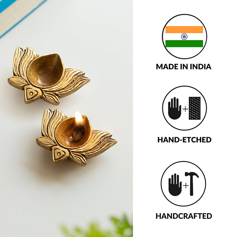 ‘Lotus Shaped’ Hand-Carved Brass Diya (Hand-Etched | 0.2 Kg | Set of 2)