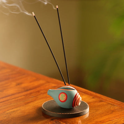 'Oasis Shankh' Hand-Painted Terracotta Incense Stick Holder With Wooden Tray (3 Sticks Holder)