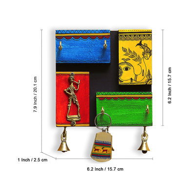 'In-Key-Geneous' Warli Hand-Painted Wooden Key Holder With Dhokra Art