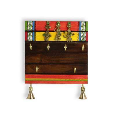 'Tribal Borders' Warli Hand-Painted Dhokra Key Holder In Sheesham Wood (6 Hooks)