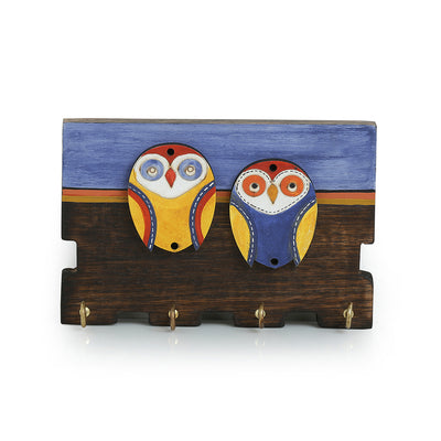 'Twin Owl Motifs' Wooden Key Holder (4 Hooks)