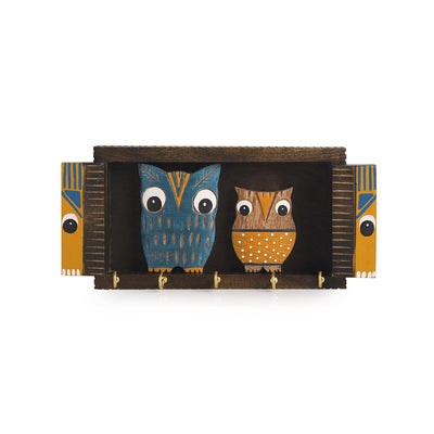 'Owl & Owlet' Decorative Key Holder In Mango Wood (5 Hooks)