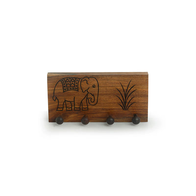 'The Elephant Warriors' Hand Carved Key Holder In Sheesham Wood (4 Hooks)