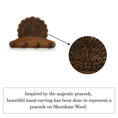 'The Dancing Peacock' Hand Carved Key Holder in Sheesham Wood (4 Hooks)