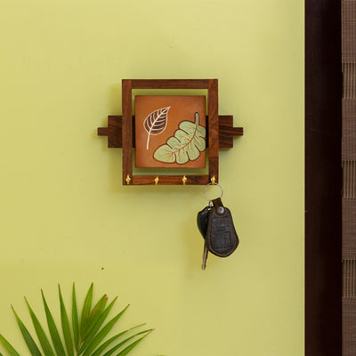 'Shades of a Leaf' Hand-Painted Key Holder In Sheesham Wood & Terracotta (4 Hooks)