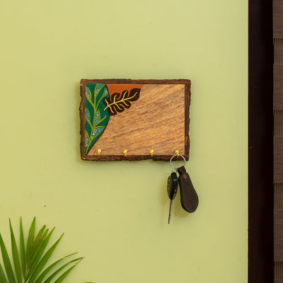 'Shades of a Leaf' Hand-Painted Key Holder In Mango Wood (4 Hooks)
