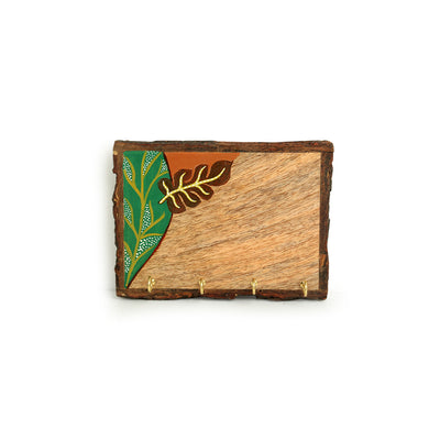 'Shades of a Leaf' Hand-Painted Key Holder In Mango Wood (4 Hooks)