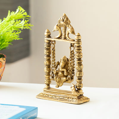 Swinging Ganesha'  Brass Showpiece (Hand-Etched | 1.3 Kg)
