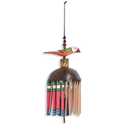 Multicoloured Wooden Handmade & Hand-Painted Bird Wind Chime With Kutchh Bell