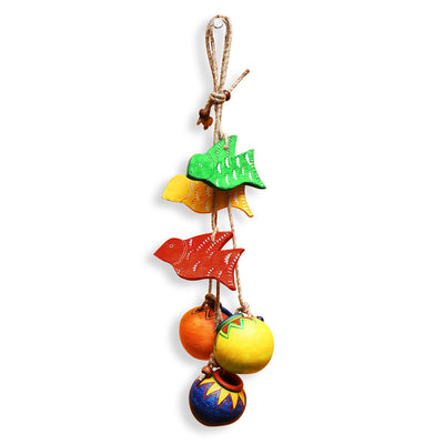 'Birds & Matkis' Hand-Painted Decorative Hanging In Wood & Terracotta