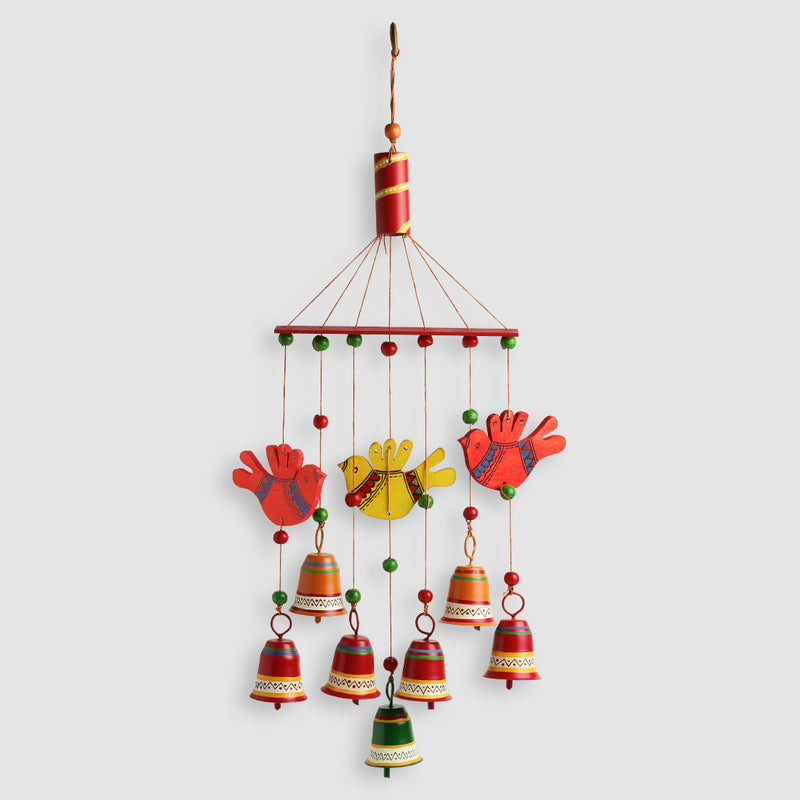 ‘Clinkering Songbirds’ Hand-Painted Decorative Hanging Bells Wind Chime In Metal & Wood