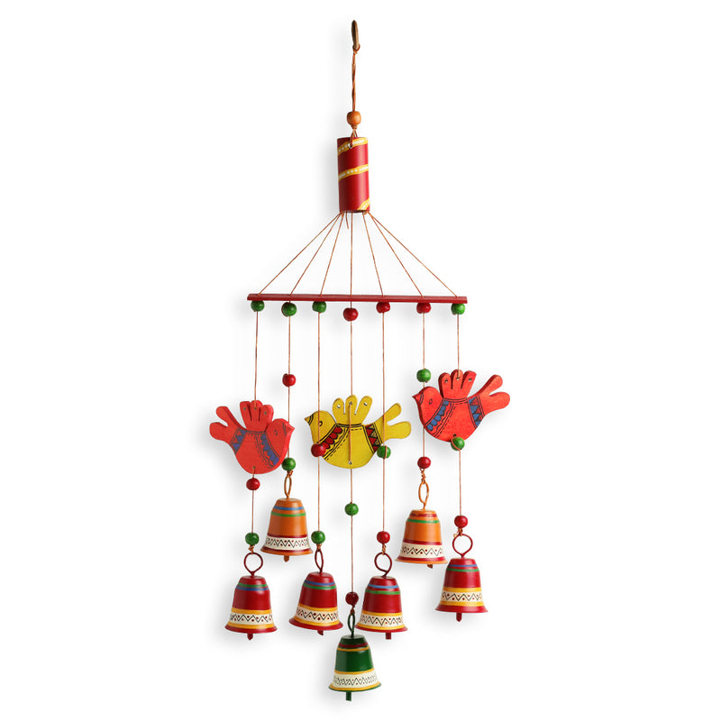 ‘Clinkering Songbirds’ Hand-Painted Decorative Hanging Bells Wind Chime In Metal & Wood