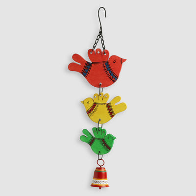 ‘Feathered Friends’ Hand-Painted Decorative Hanging Bell Wind Chime In Metal & Wood