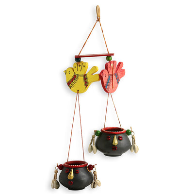 ‘Nesting Pot-Faces’ Hand-Painted Bird Decorative Hanging In Terracotta & Wood
