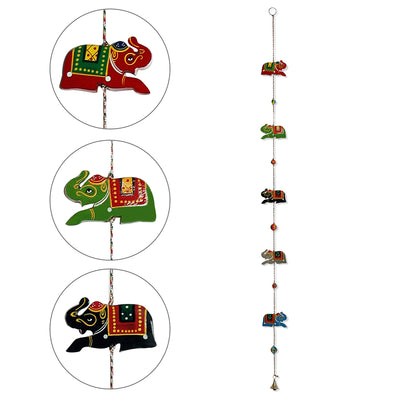 'The Hanging Elephants' Hand-Painted Decorative Toran In Chilbil Wood (Set of 2)