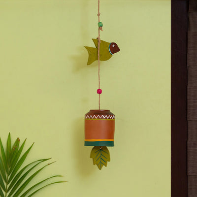 'Shades of a Leaf' Hand-Painted Bird Wind Chime In Terracotta
