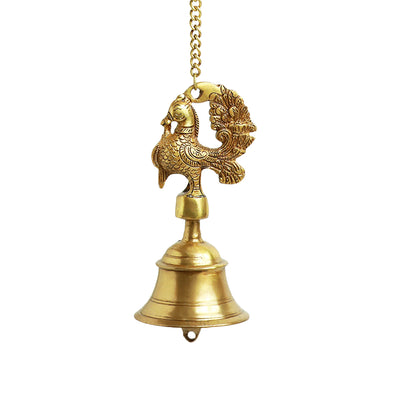 'Elegant Peacock' Hand-Etched Decorative Hanging Bell In Brass (1139 Grams)