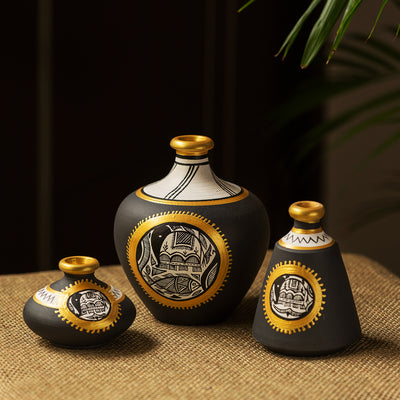 Madhubani Jet Black Matkis' Hand-Painted Vases Combo In Terracotta (Set of 3)