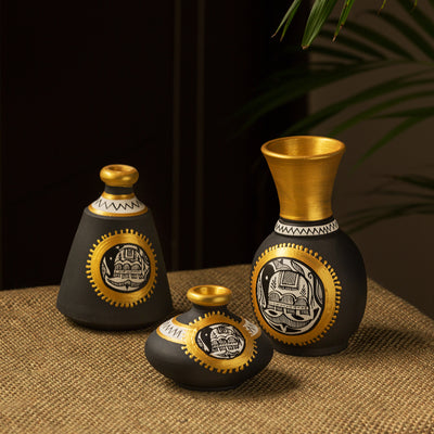 Madhubani Jet Black Matkis & Urn' Hand-Painted Vases Combo In Terracotta (Set of 3)