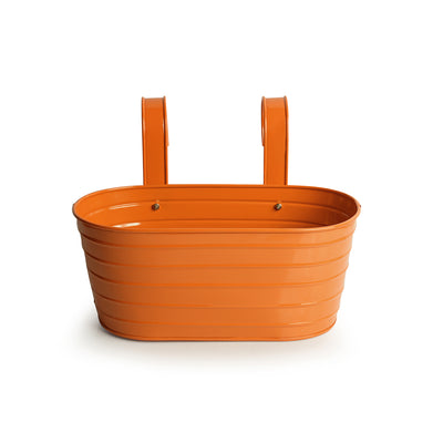 'Glossy Orange' Hand-Painted Metal Railing Cum Table Planter Pot