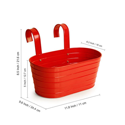'Glossy Red' Hand-Painted Metal Railing Cum Table Planter Pot
