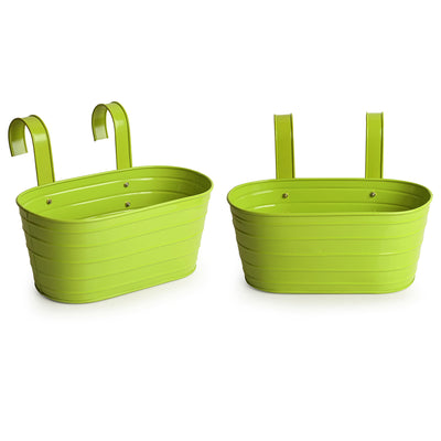'Grass Green' Hand-Painted Metal Railing Cum Table Planters Pots (Set Of 2)