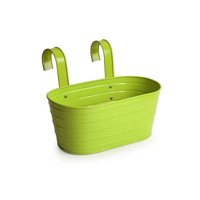 'Grass Green' Hand-Painted Metal Railing Cum Table Planters Pots (Set Of 2)