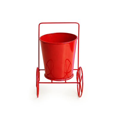 'Plant On Wheels' Table Cum Floor Planter Pot In Glossy Red