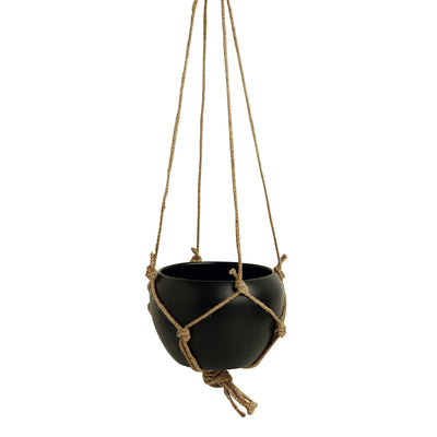 'Black Goblet' Metal Hand-Painted Hanging Planter Pot With Jute