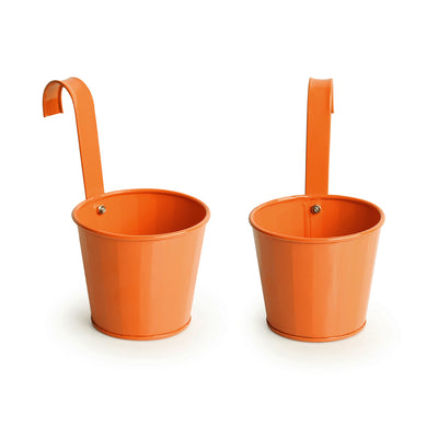 'Tiny Orange' Metal Hand-Painted Railing Cum Table Planters Pot (Set Of 2)