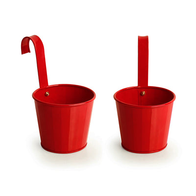 'Tiny Reds' Metal Hand-Painted Railing Cum Table Planters Pot (Set Of 2)
