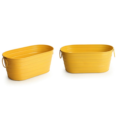 'Glossy Yellow' Hand-Painted Floor Cum Table Planters Pot In Metal (Set Of 2)