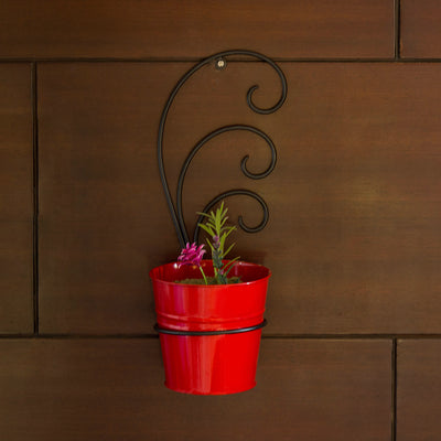 The Red Bucket' Wall Planter Pot With Curved Holder In Galvanized Iron
