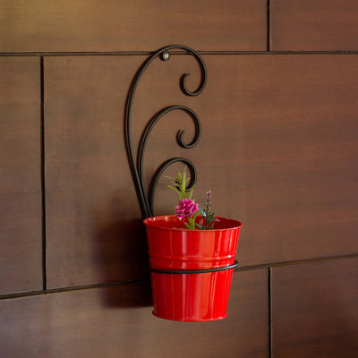 The Red Bucket' Wall Planter Pot With Curved Holder In Galvanized Iron