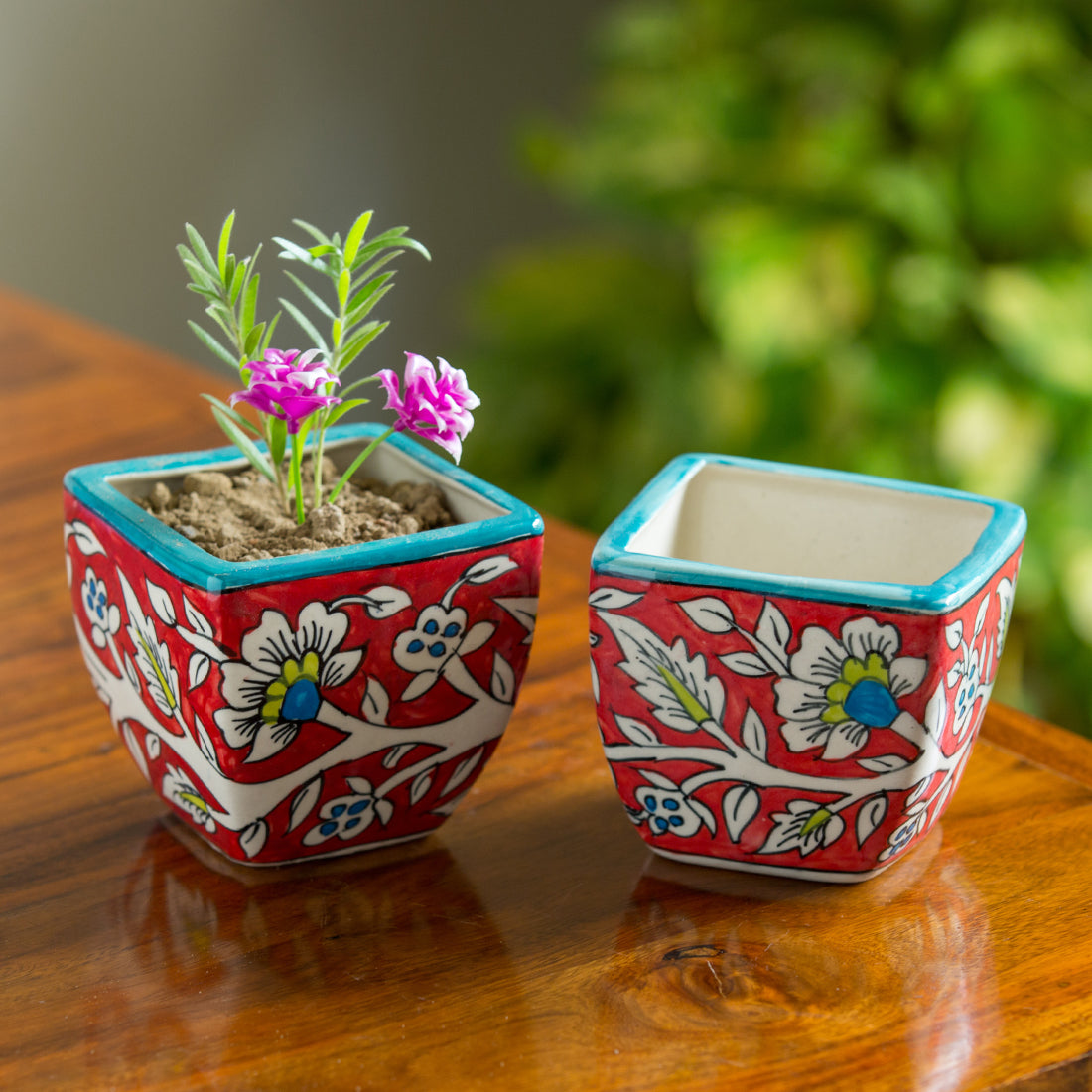 painted ceramic flower pots Mughal Roots Floral Hand-painted Ceramic Planter Pots (Set of 2)
