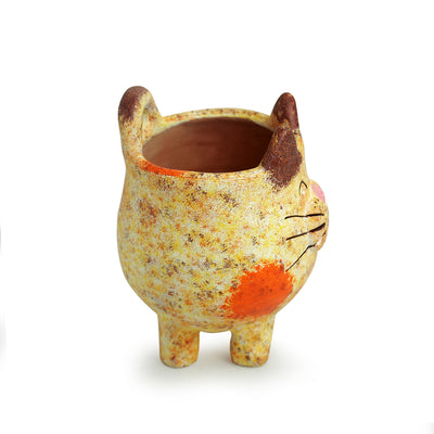 'Mellow Cat' Handmade & Hand-painted Planter Pot In Terracotta (6.5 Inch)
